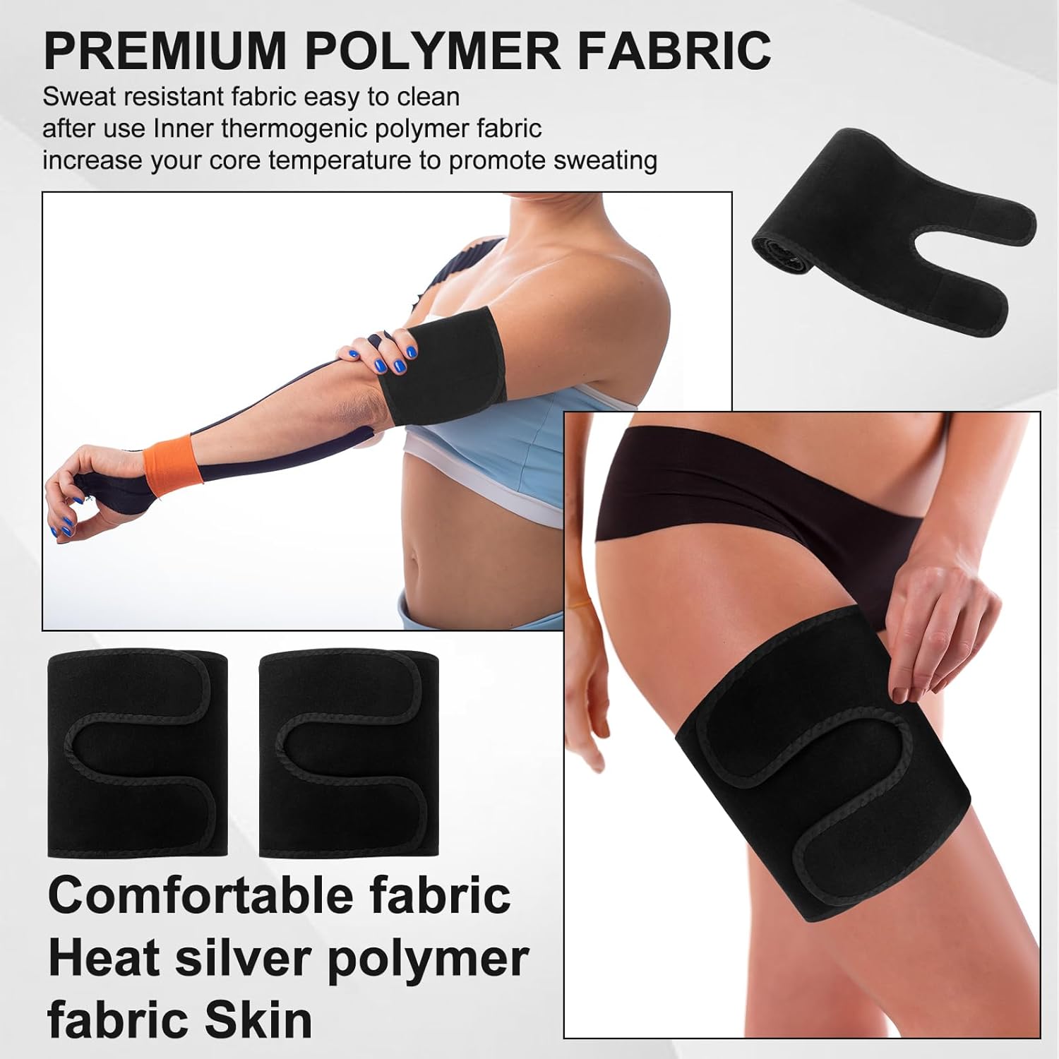 4 Pcs Thigh Wraps & Arm Trimmers Set Thigh and Arm Sweat Bands Slimmer Leg Wrap Compression for Weight Loss(Black and Sliver) - Image 3