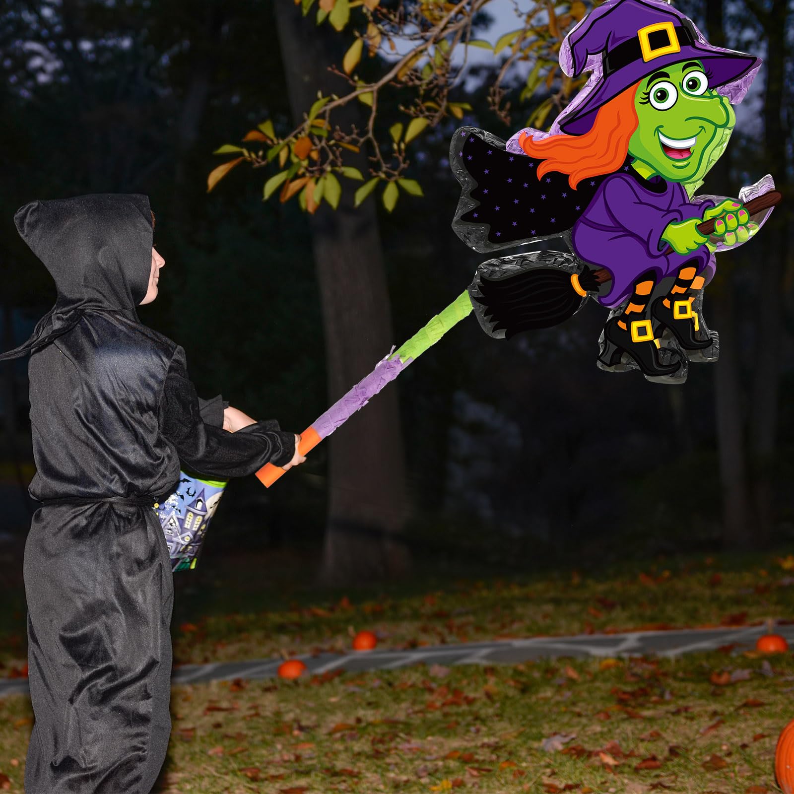 Aoriher Piñata de Bruja de Halloween Decorativa con Palo Vendar de Ojos y Confeti Piñata Rellena de Dulces para Halloween Fiesta Cumpleaños Mexicana Suministros Juego