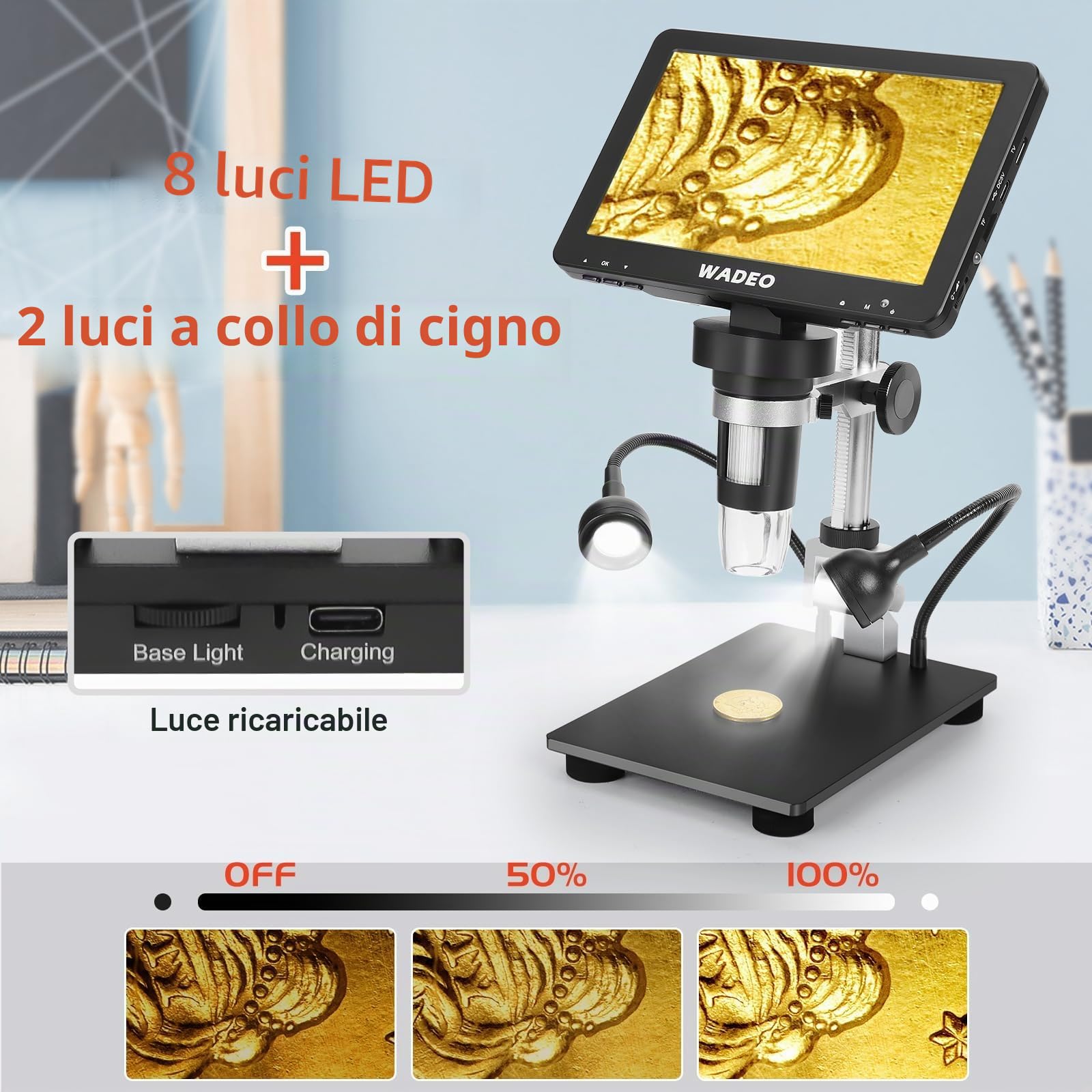 WADEO Microscopio Digitale Professionale, [7" Schermo LED] [1200X] Microscopio per Saldatura con 2 Lampade Regolabili, Scheda 32GB, Uscita HDMI per TV, PC, Windows, Mac (7" - 1200X - HDMI + USB)