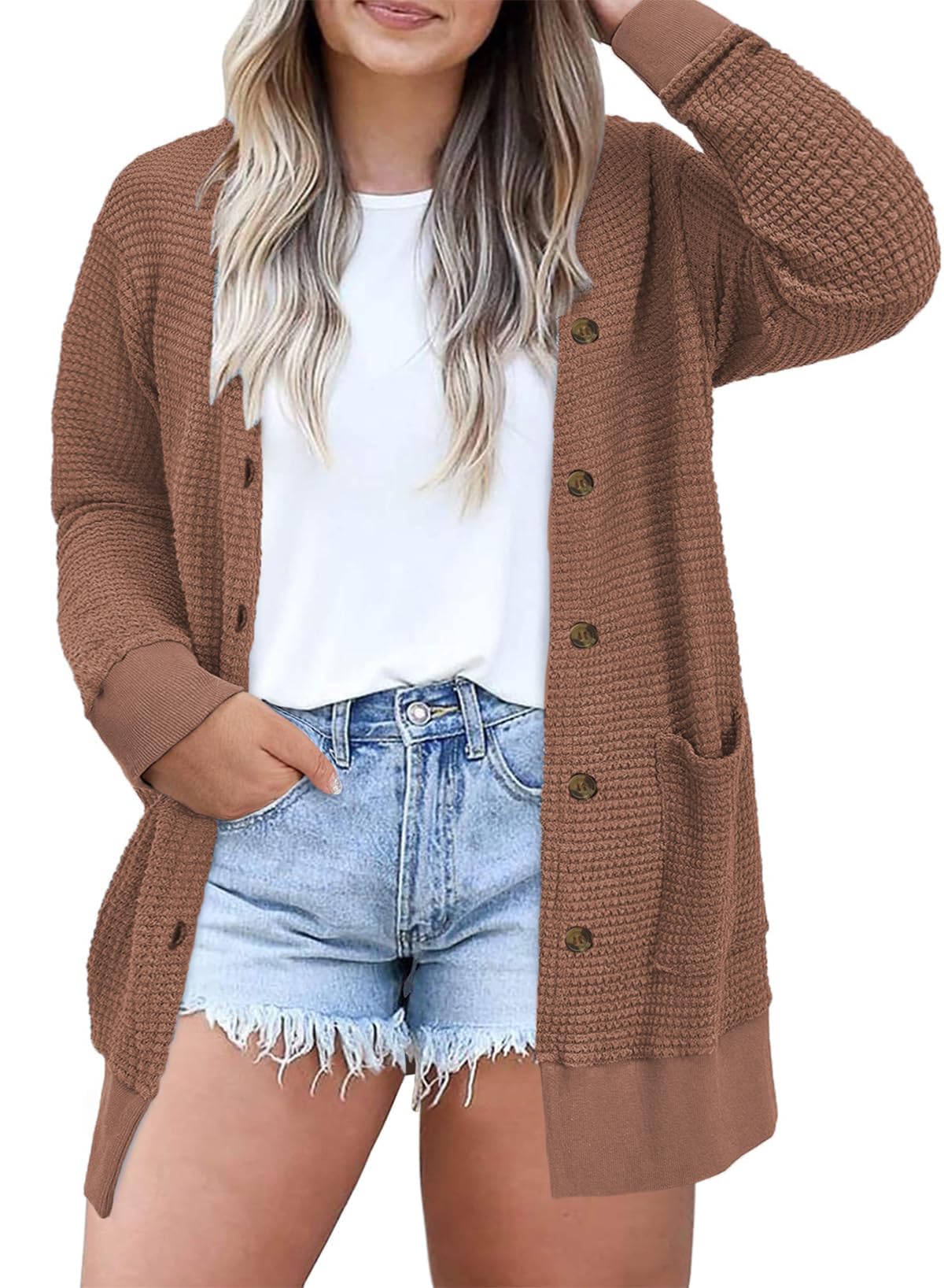 Eytino Womens Plus Size Cardigans Casual Long Sleeve Waffle Knit Front Button Tops 1X-5X