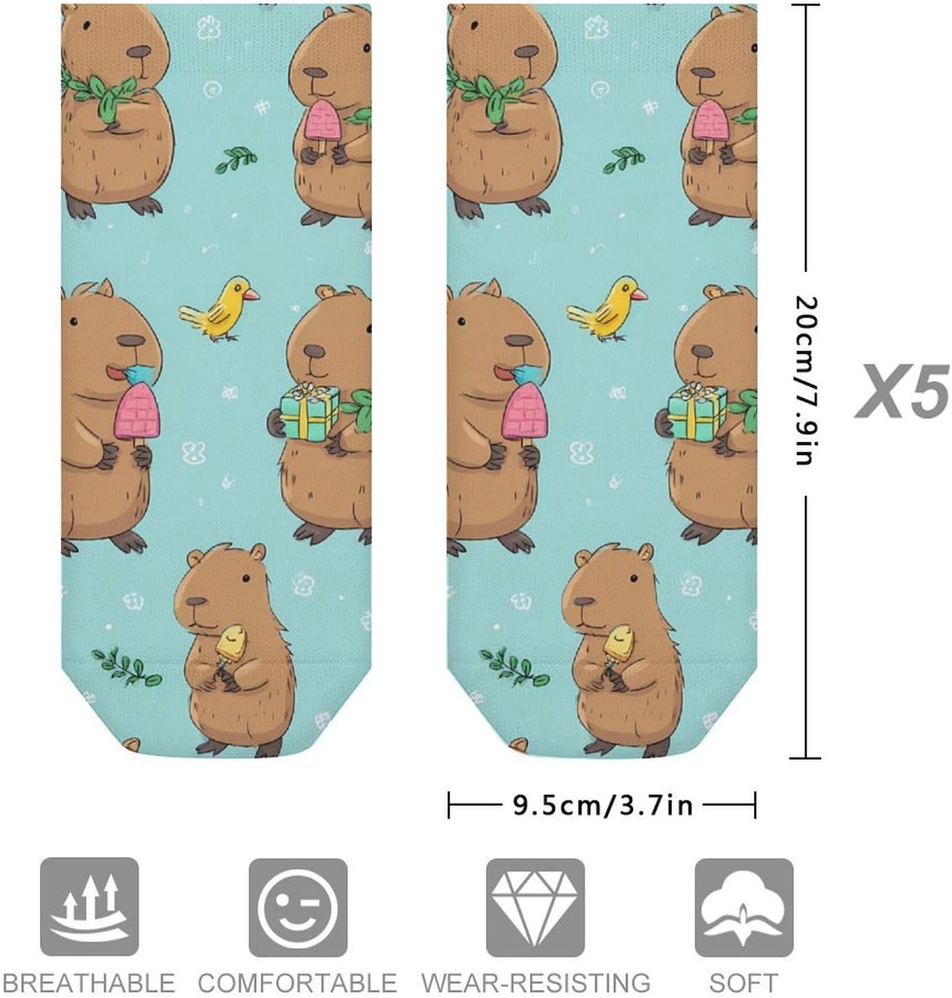 Capybara Bird Cake Present Popsicle No Show Ankle Socks Low Cut Non Slip Flat Boat Line 5 Pairs Set