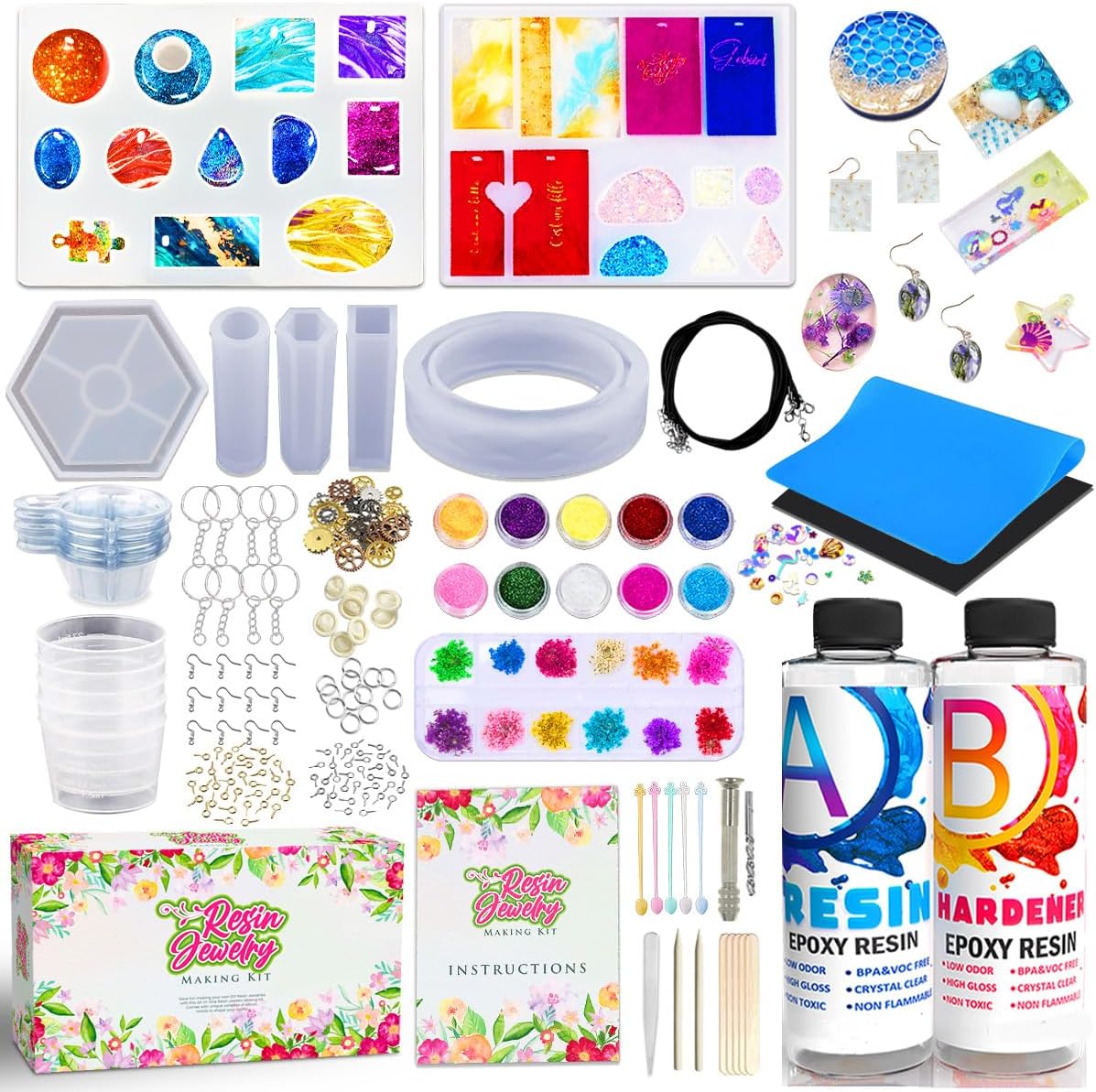 GoodyKing Resin Jewelry Making Starter Kit - Silicone Casting Mold, Tools Set Clear Epoxy Resin for Jewelry Craft Resin Kits Beginners Advanced Jewelry Making Supplies Art and Craft School Gift