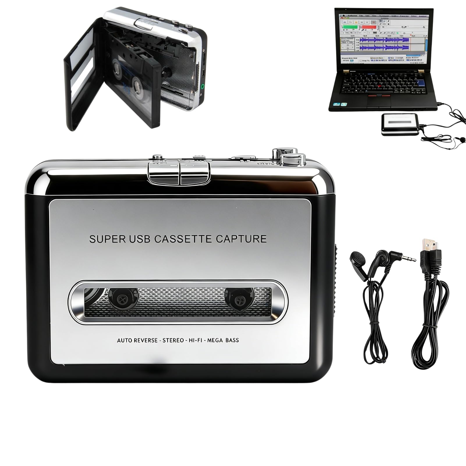 Reproductor de Casete estéreo portátil Adaptador convertidor de Audio de Cinta USB a MP3 con Cable USB y Auriculares para Amantes de la música Entusiastas Vintage