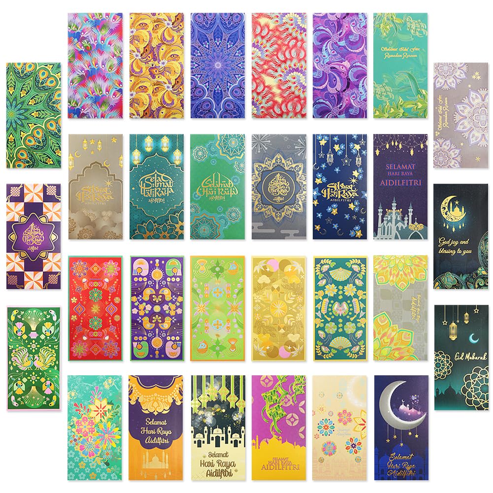 30 Pcs Eid Mubarak Money Envelopes 6.6x3.5 Inch Eid Gifts Cards Holders Assorted Styles Ramadan Pocket Envelope for Money for Islamic Muslim Holiday Party Supplies Celebrations Decor