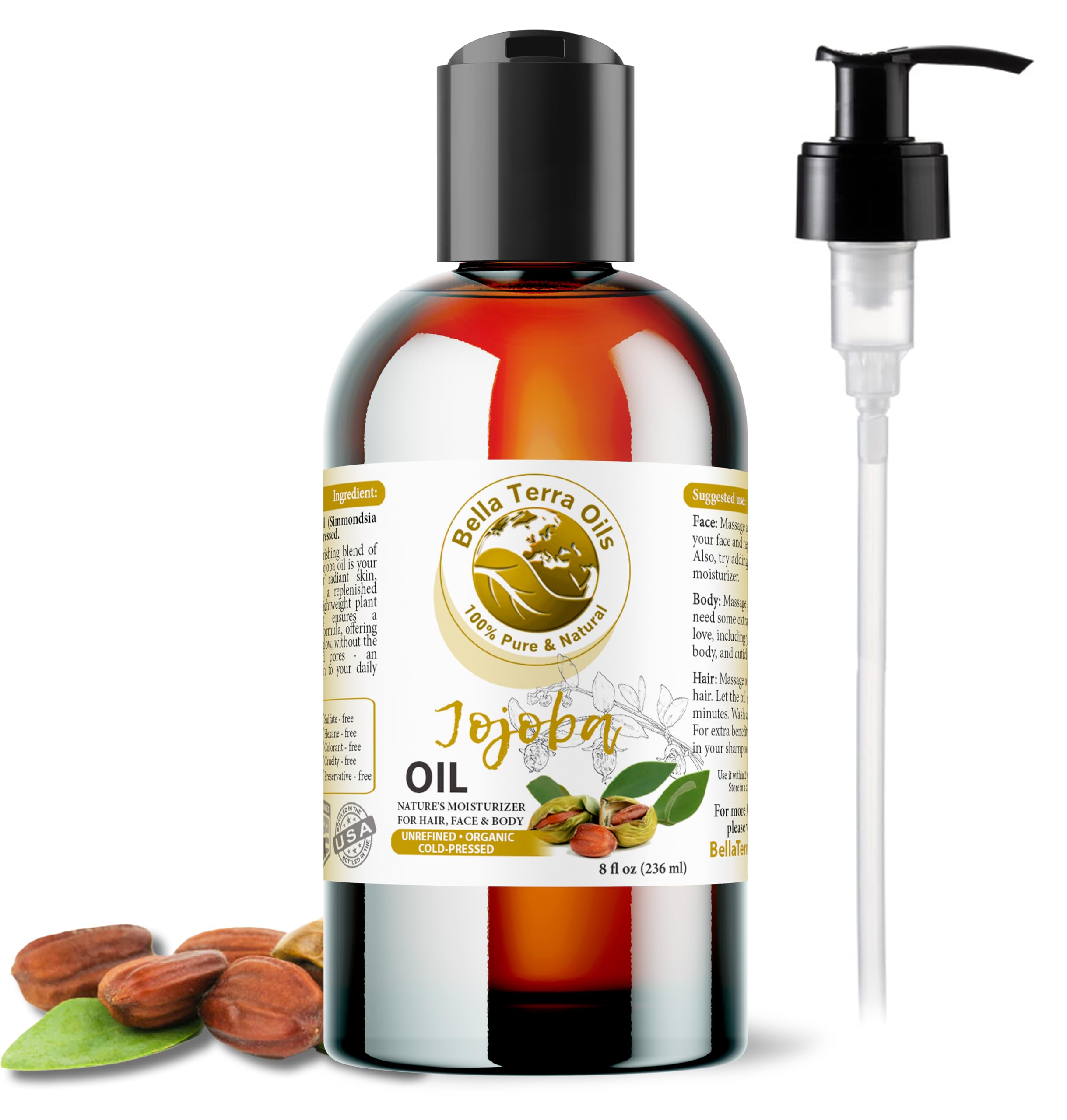 Bella Terra Oils - Organic Jojoba Oil 8oz - Embrace Organic Jojoba's Hydrating Potential, Rich in Essential Nutrients & Antioxidants, Perfect for Nail Oil Enthusiasts