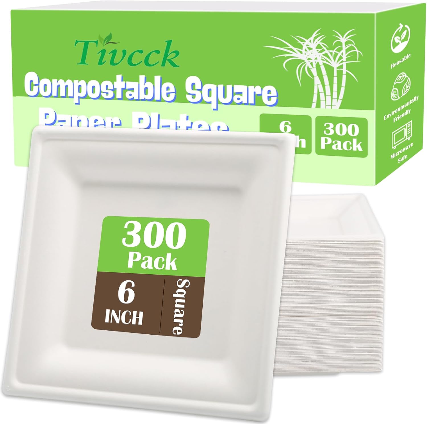 300 pack Compostable Square Paper Plates,6 Inch Dessert Plates,Heavy Duty Biodegradable Sugarcane Plate,Disposable Small Paper Plate for Daily Meals,Party,Picnic,Cake(White)