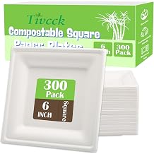 300 Pack Square Paper Plates, 6 Inch Dessert Plates, White | Sugarcane Plate, Heavy Duty, Disposable Small Paper Plate for Daily Meals, Party, Picnic, Cake