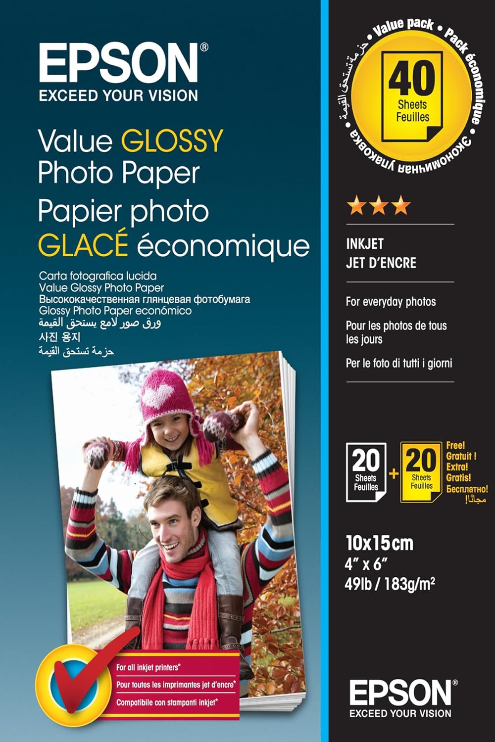 Epson Value | Glossy Photo Paper 10x15cm (6x4 inch) | 40 Sheet (2x20) | 183gsm - C13S400044