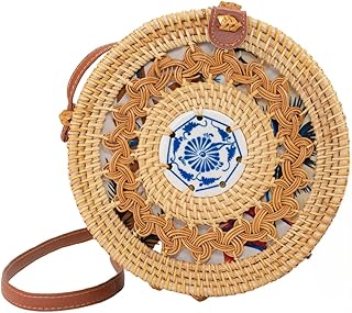 Round Rattan bag Womens shoulder bags beach bags (Natural Brown, Large)