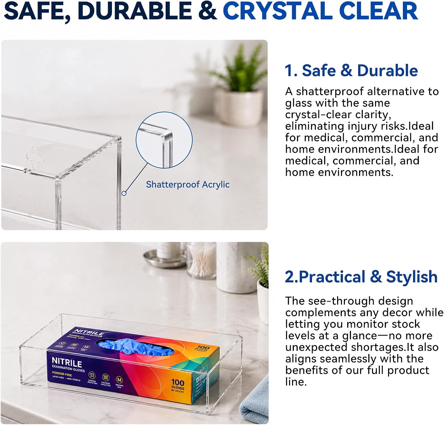 Acrylic Glove Box Holder Wall Mount Dispenser | Disposable Glove Station for Medical Exam, Kitchen or Shop | Includes Mounting Hardware and Positioning Paper [1 Lyr]