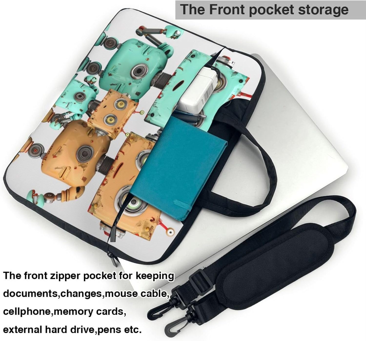 Cute Cartoon Robot Printed Laptop Bag Three Layer Protection Shockproof Crossbody Laptop Shoulder Bag for Men Women