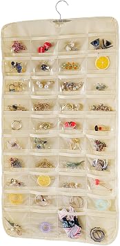 Bloss Hanging Jewelry Organizer, Double Sided 80 Pocket Jewelry Chain Storage Bag 2 Layer of Fabric Jewelry Organizer Holder for Necklace Bracelet Earring Ring ChainBeige