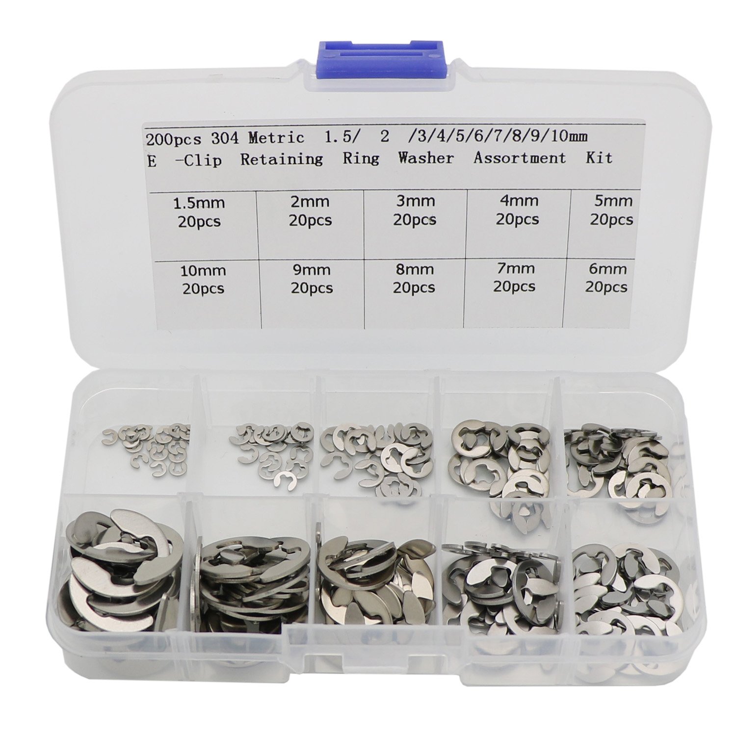 200 Pcs 304 Stainless Steel Opening Snap Ring, EClip External Retaining Circlip Assortment Kit