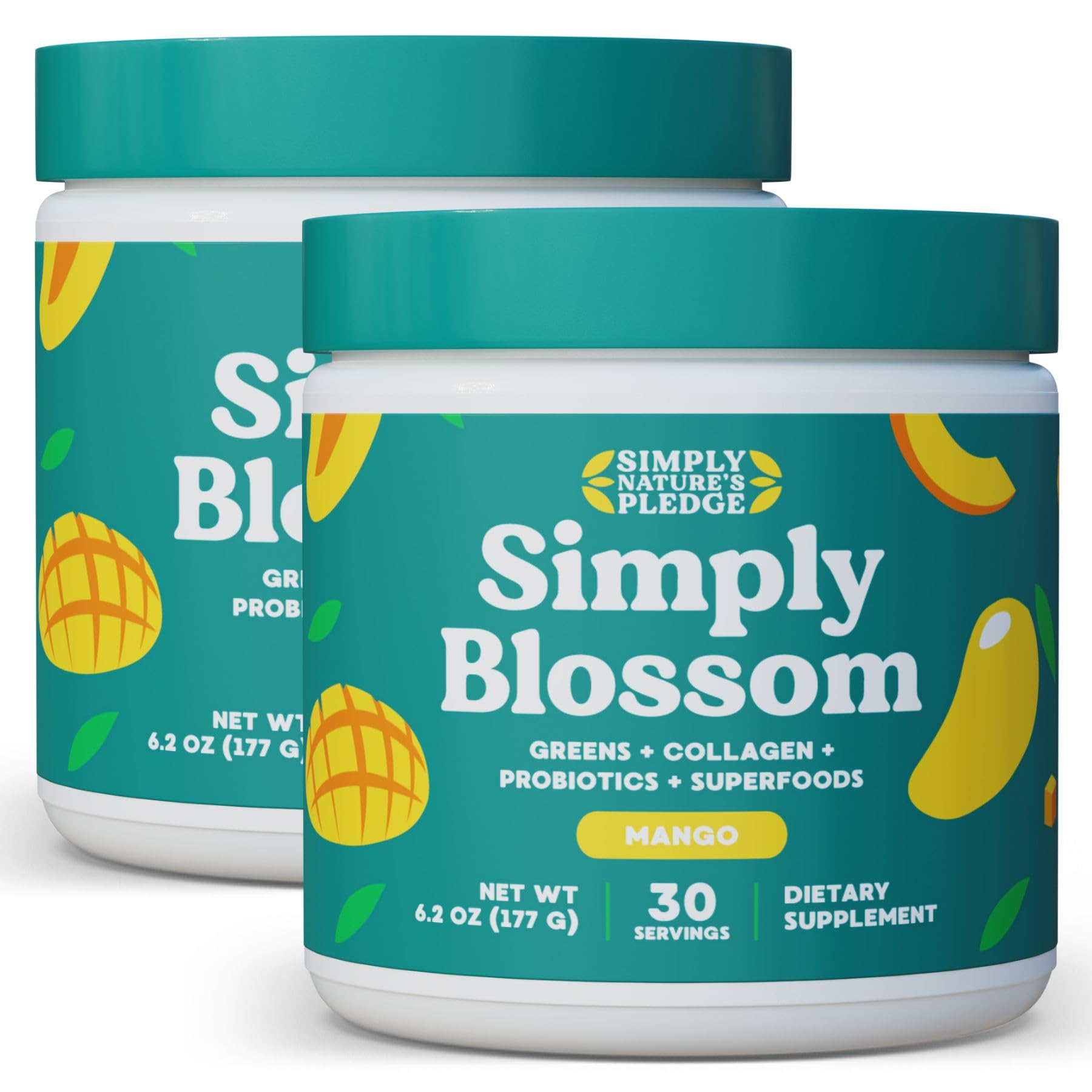 Simply Blossom Nutrition Daily Greens & Superfood Powder + Collagen + Probiotics for Women's Digestive Health & Bloating Relief. Help Your Health Bloom - 2 Month Supply - Mango