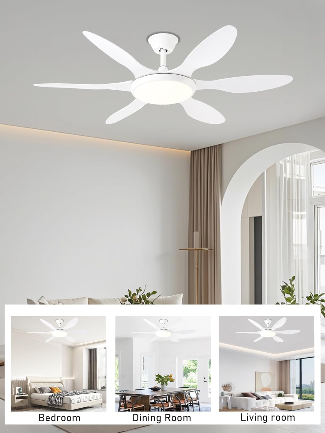 White Ceiling Fans with Lights, 51 Inch Ceiling Fan with Light and Remote Control, Reversible, 3CCT, Dimmable, Noiseless, LED Ceiling Fan for Bedroom, Living Room, Indoor/Outdoor Use
