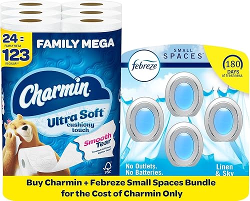 Charmin Papel higiénico acolchado ultra suave, 24 rollos familiares  123 rollos regulares y espacios pequeños Febreze, ambientador enchufable, lino