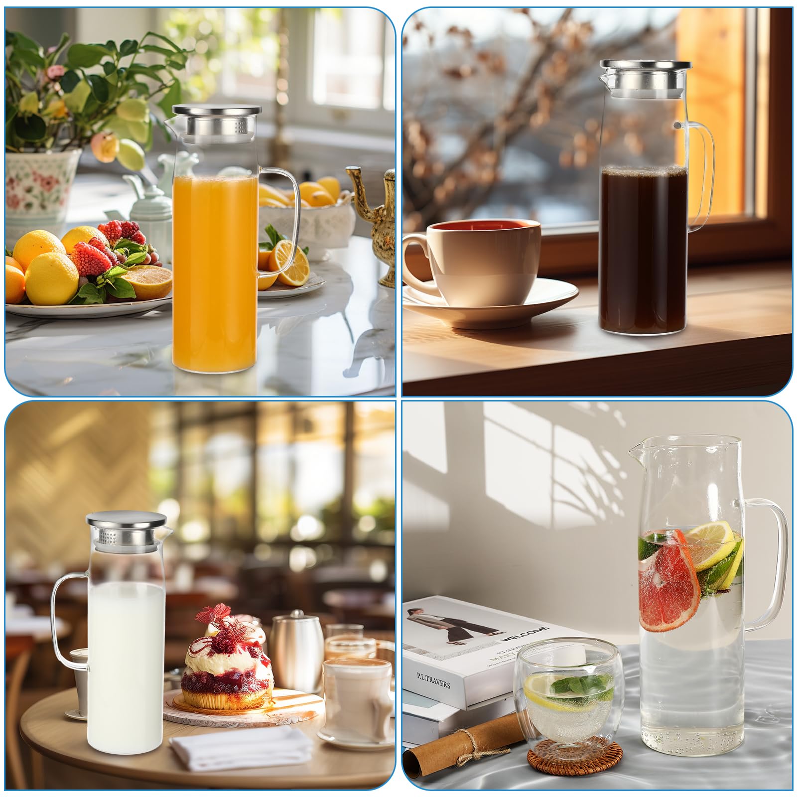 Litimkat Szklana karafka na wodę, 1,5 l, odporna na wysokie temperatury, dzbanek na wodę z zamkniętą pokrywką, do gorącej/zimnej wody, wina, mrożonej herbaty i napojów sokowych