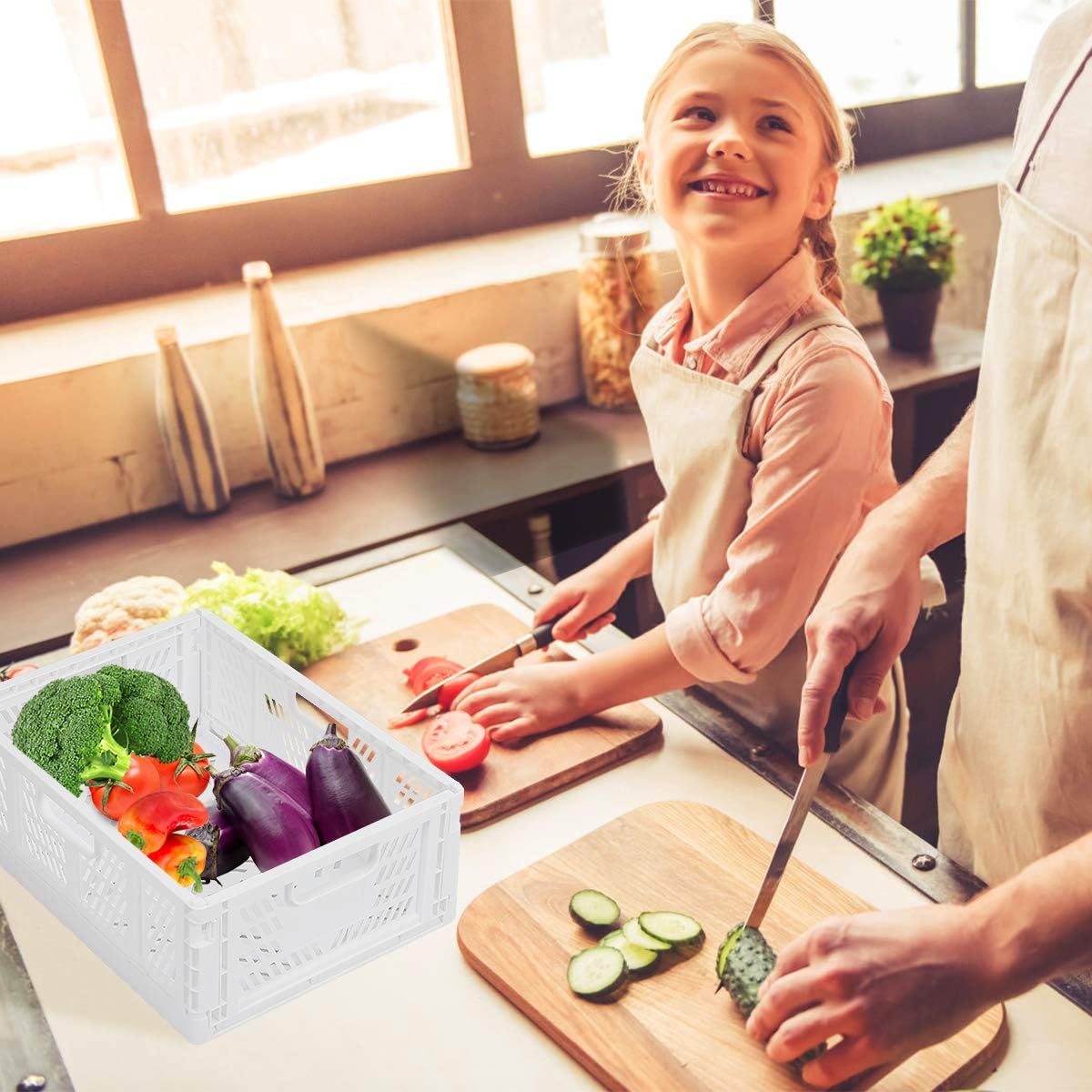 4-Pack Folding Storage Boxes Crate Collapsible Plastic Drawer Organizer , Stackable Shelf Storage Basket Food Fruit Vegetables Bottles Toy Organiser Baskets for Home Office Bedroom Kitchen -White