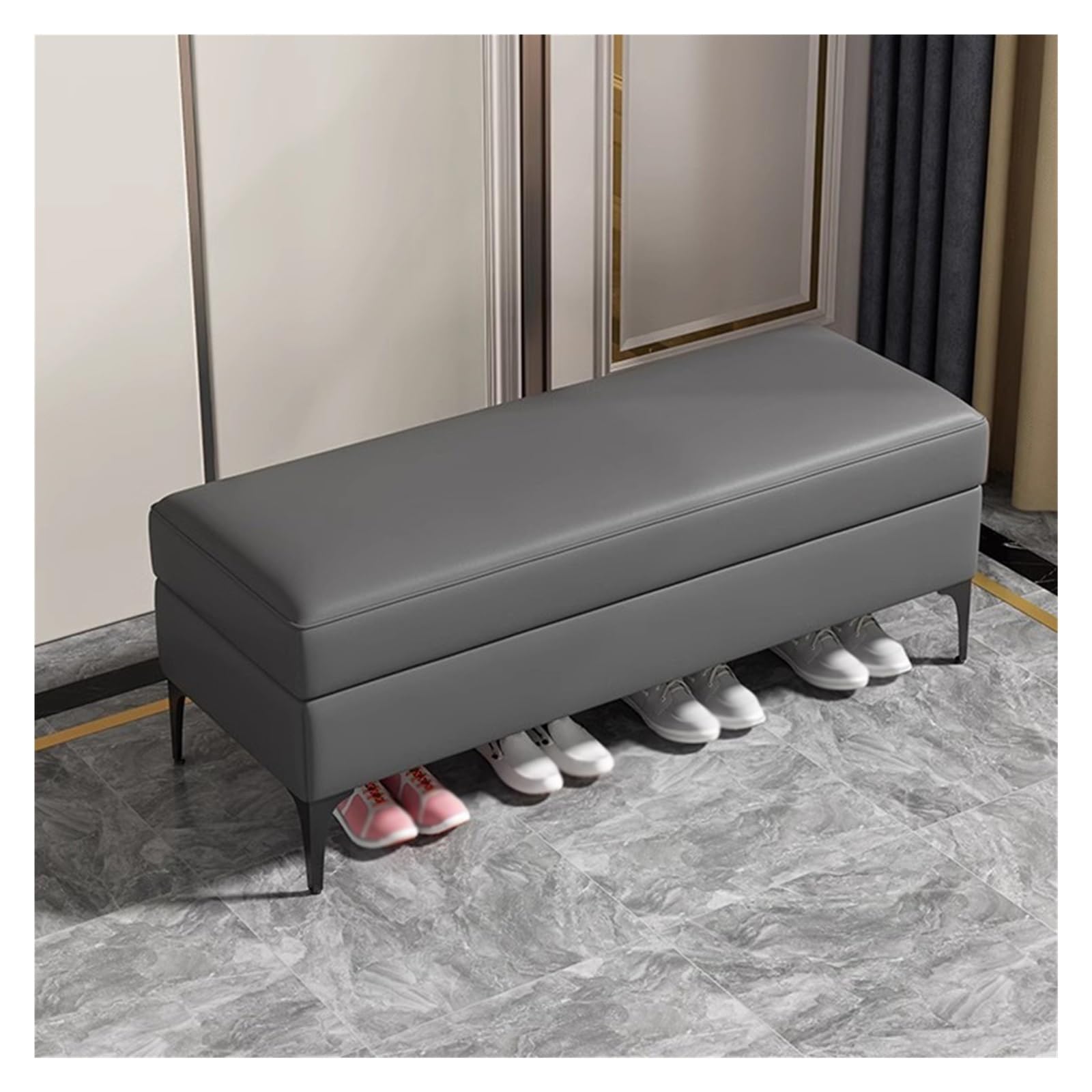 Banc de rangement rembourré 100 cm avec grand coffre et pieds en métal pour chambre