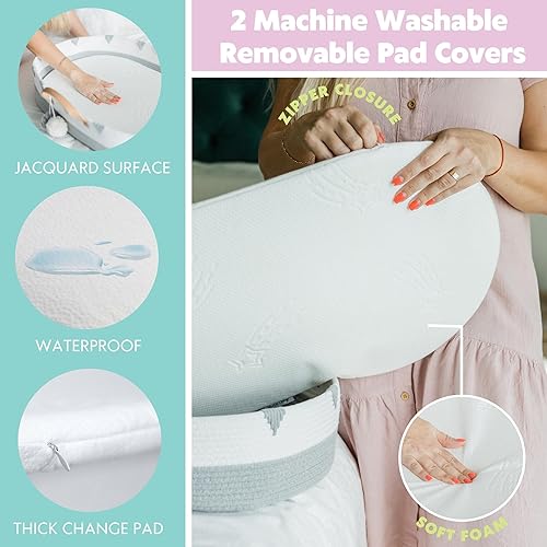 Miniatura 4 de Vesta Baby Cesta cambiadora de moisés de cuerda de algodón tejida, portátil, para cuarto de bebé, con almohadilla de espuma suave y 2 fundas