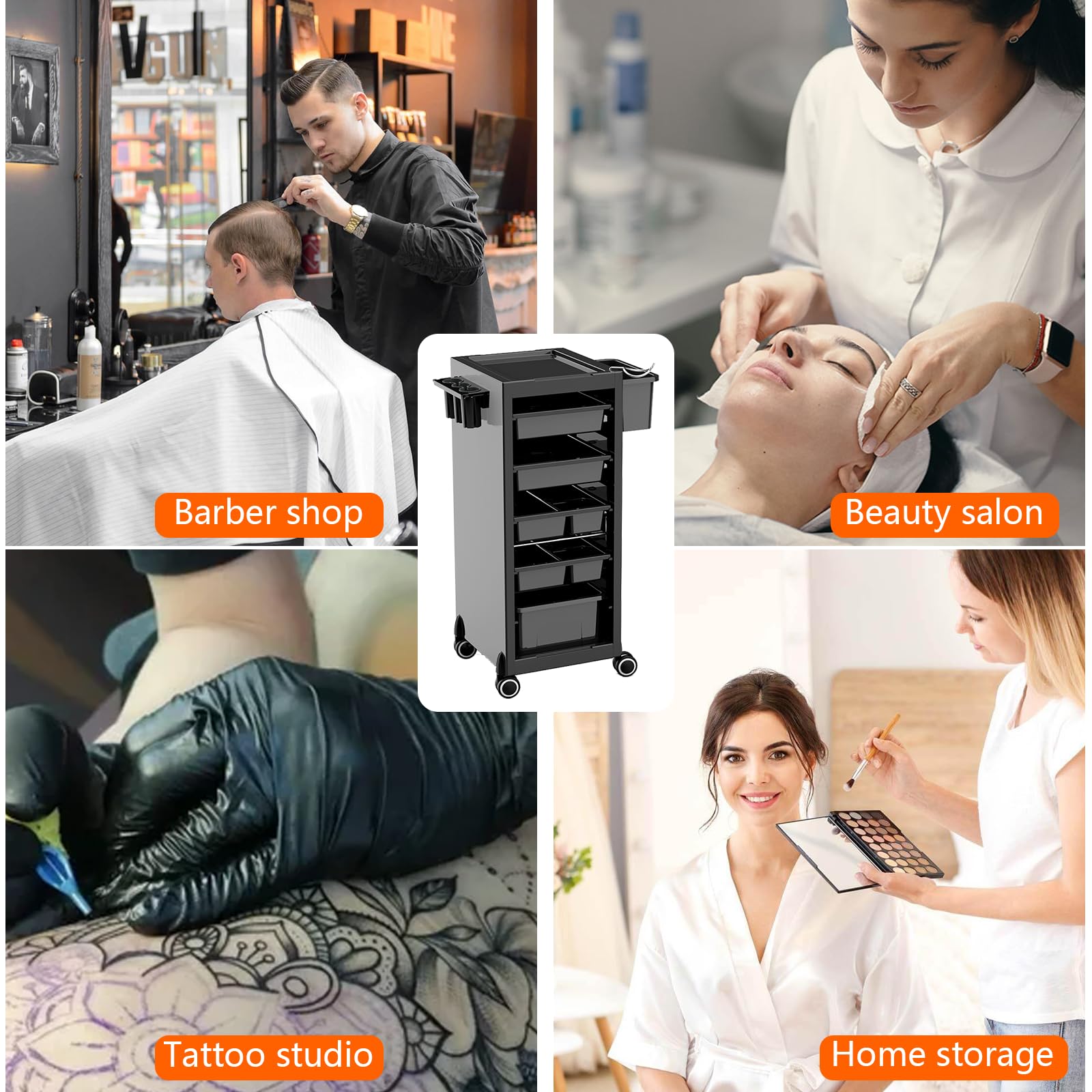 Garvee Chariot de Rangement Professionnel pour Spa et Salon – 6 Plateaux Amovibles, 4 Tiroirs, 2 Paniers, Support Sèche-Cheveux Universel, Roues Pivotantes