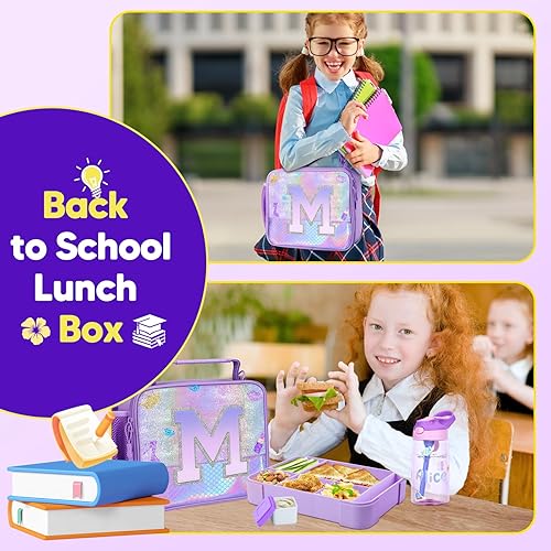 Miniatura 6 de JYPS Lonchera para niñas, lonchera aislada, caja Bento para niños con 6 compartimentos, botella de agua, bolsa de hielo, contenedor de ensalada,