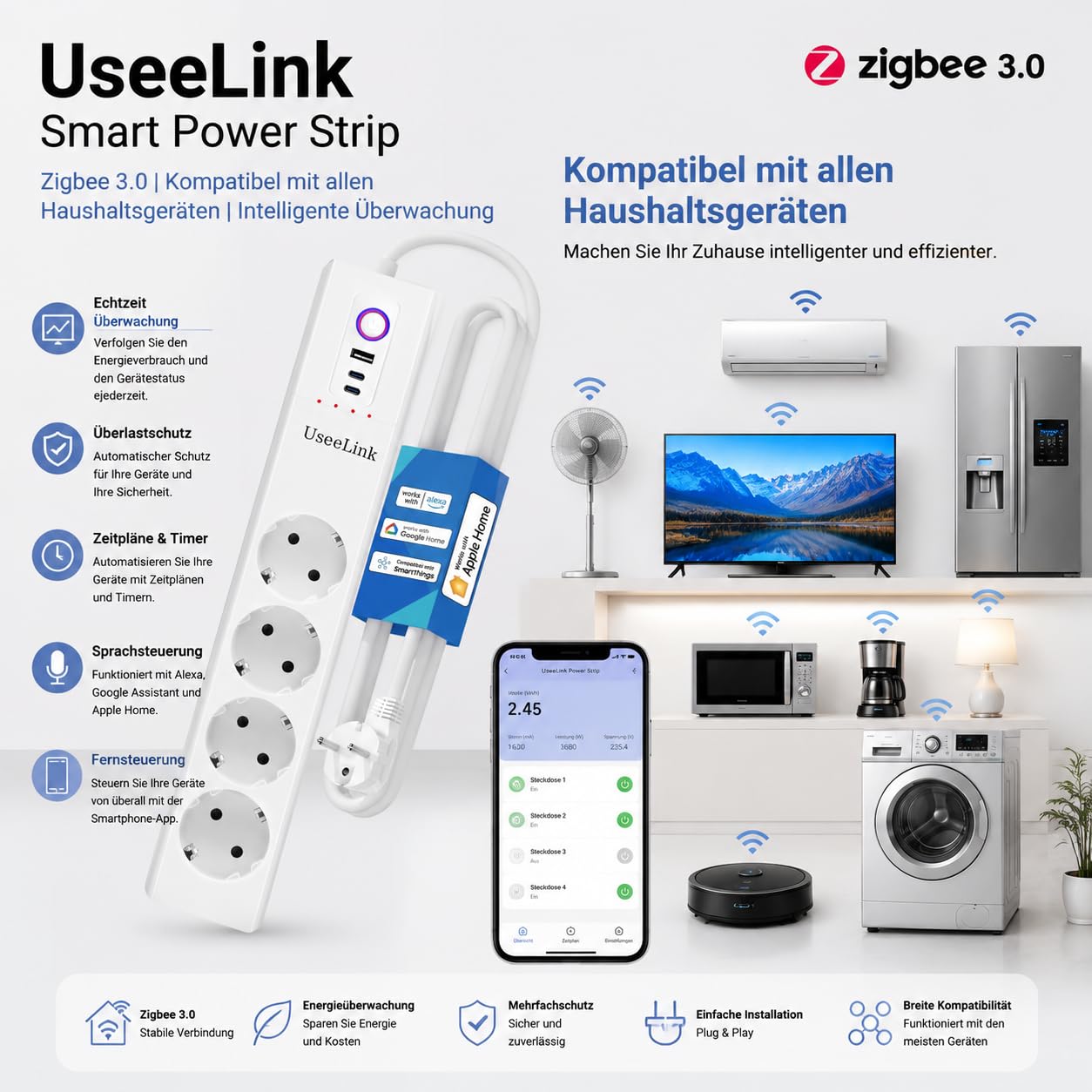 UseeLink Zigbee protezione da sovratensione ciabatta 10A 4 prese CA interruttori individuali 2 protezione da sovraccarico timer USB nessun hub richiesto Certificato CE Bianco
