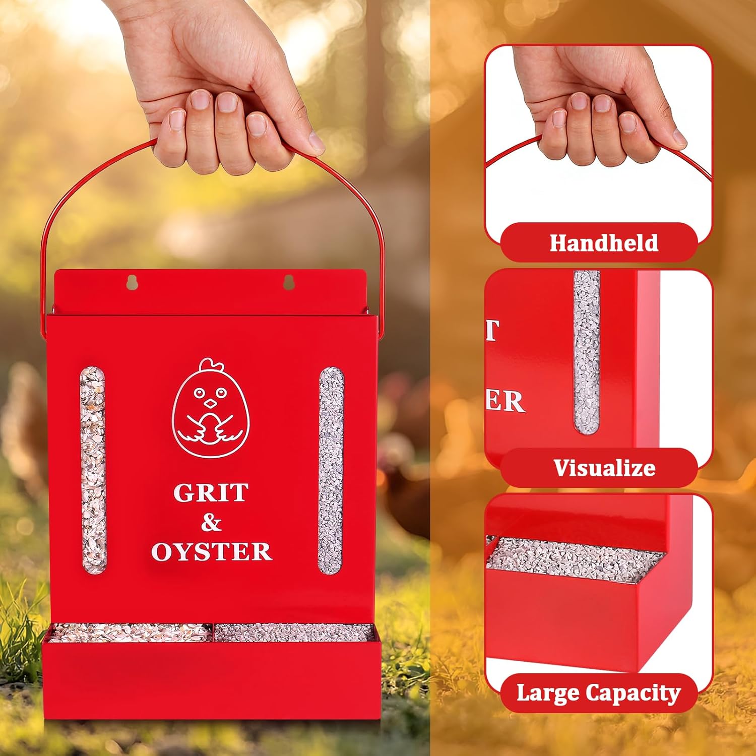 Oyster Shell and Grit Feeder Combo, Metal Chicken Feeder with Viewing Window/Lid, Hanging Gravity Chicken Grit Feeder, Coop Accessories for Healthier Hens and Eggs (Red)