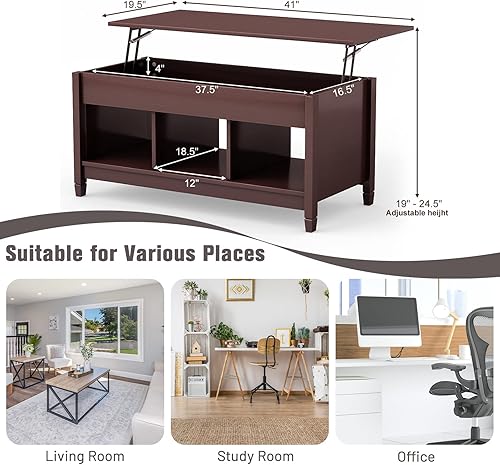 Miniatura 21 de COSTWAY Mesa auxiliar elevable, con compartimento de almacenamiento oculto y 3 estantes abiertos, mesa de té rectangular de cóctel con patas de