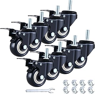 1.5" Stem Casters Set of 8 Heavy-Duty Threaded Stem Caster Wheels Swivel Locking Castors No Noise Industrial Small Brake Wheels for Workbench, Wood Box, Cabinets, Double Locking Plate Castors