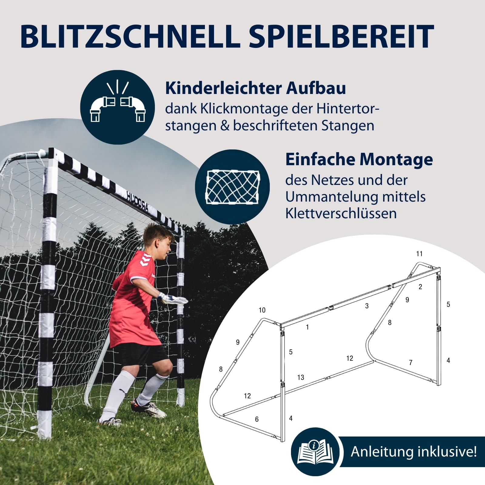 HUDORA Fußballtor Stadion - Standfestes Fußballtor für Kinder & Erwachsene - wetterfestes Fußballtor mit engmaschigem Netz für Zuhause - Hochwertige Outdoor Torwand für Freizeit & Training