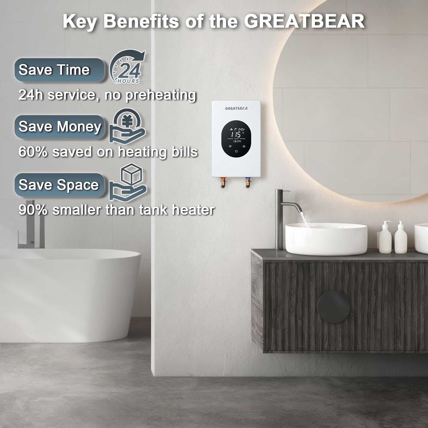 Electric Tankless Water Heater, GREATBEAR 12KW On Demand Water Heater Electric 240V, Point of Use Instant Hot Water Heater, With Self Modulating GT120W White