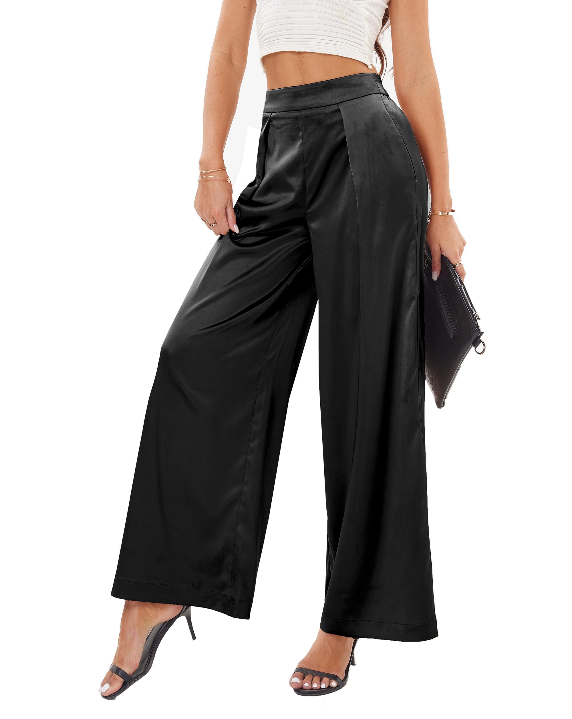 Fakanhui Womens Wide Leg Palazzo Pants Satin Work Business Casual Slacks Dressy Pleated Party Club Trouser