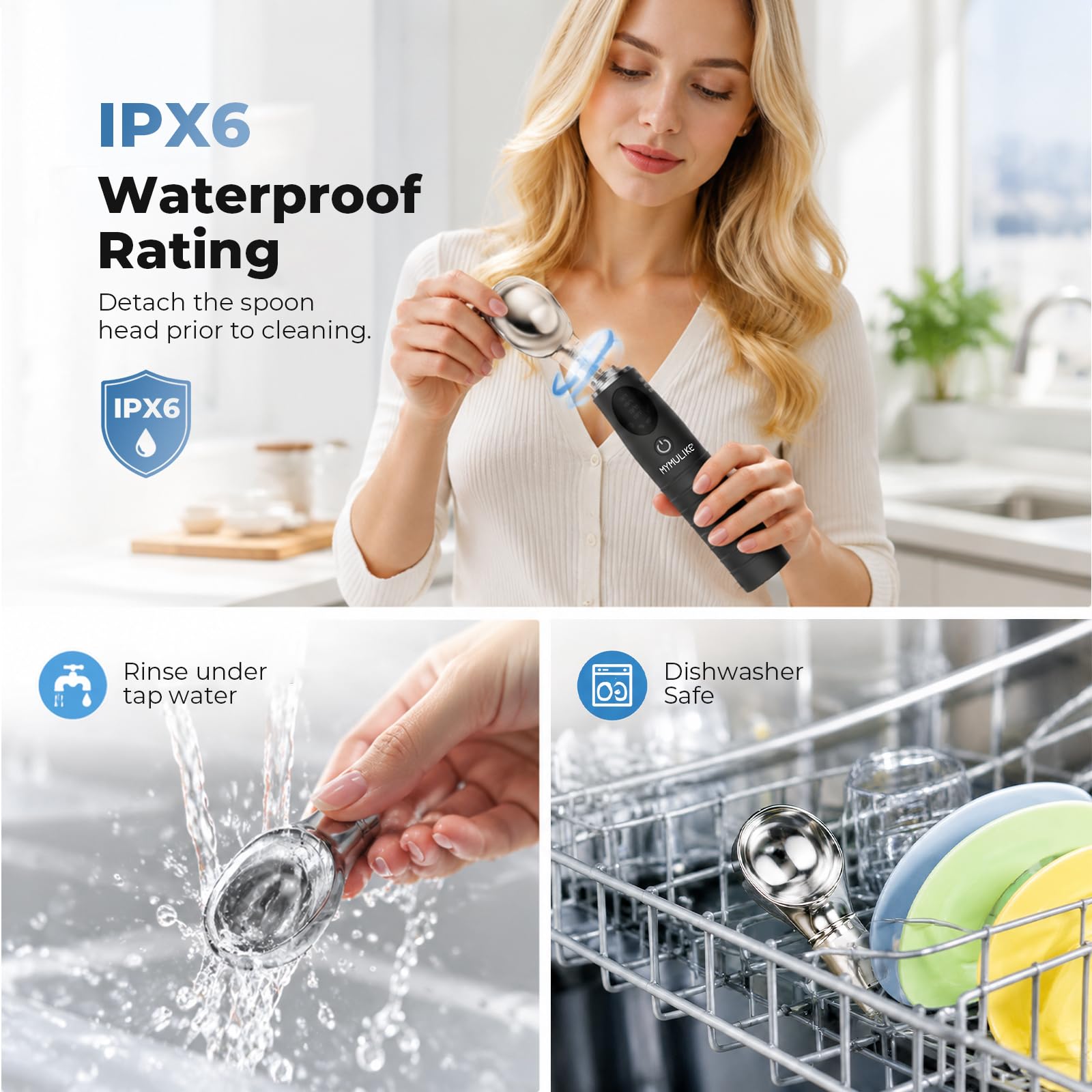 MYMULIKE Cuillère à glace chauffante en acier inoxydable, 4 températures (40-70 °C), cuillère à glace réglable, cuillère à glace rechargeable à chauffage rapide 30 secondes, arrêt automatique en 3
