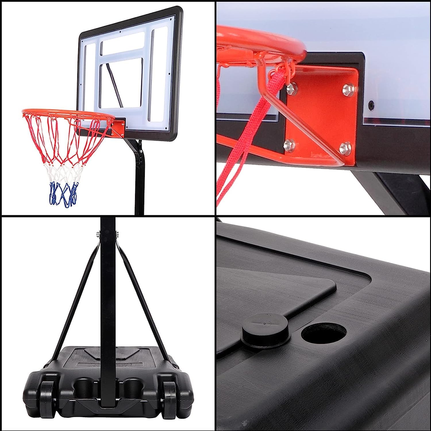 Pool Basketball Hoop Poolside Inground Adjustable Height 45"-53" Swimming Pool Basketball Hoop Set with Removable Wheels and Hard PVC Transparent Backboard (Black)