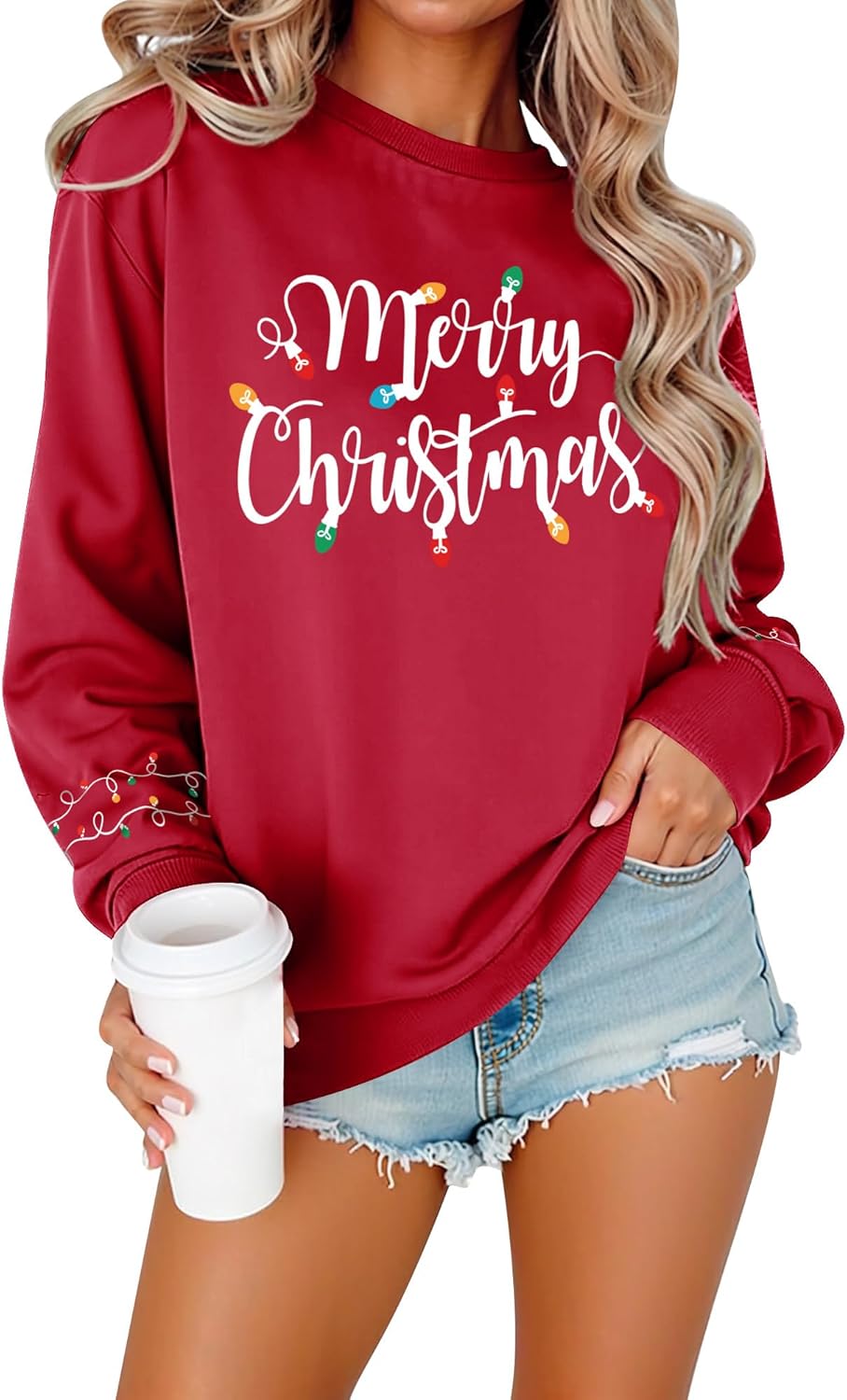 Womens Christmas Sweatshirts Long Sleeve Merry Christmas Sweater Crewneck Xmas Holiday Shirt Pullover Tops Red XL - Image 2