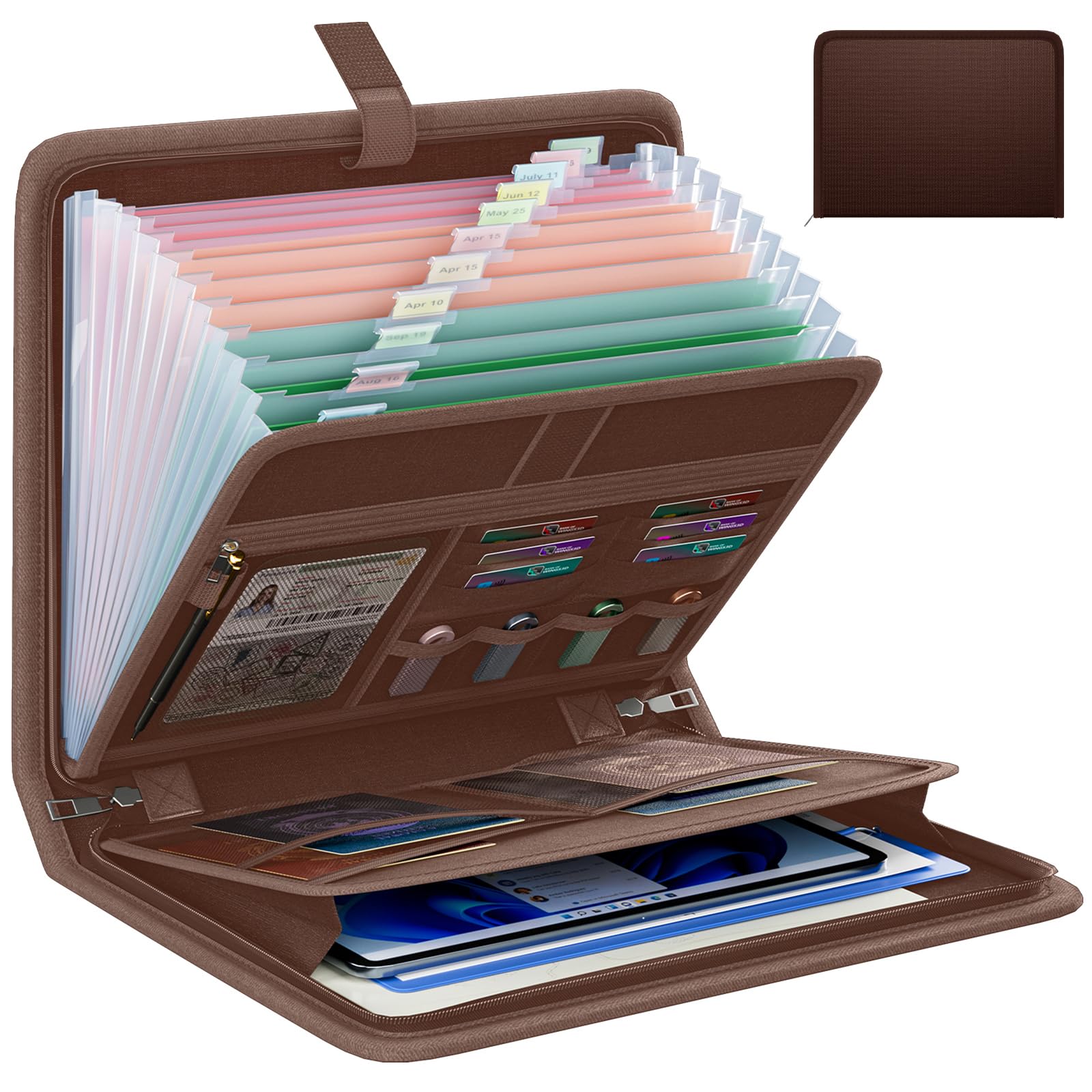Fireproof Accordion File Organizer, Portable Expanding File Folder with Waterproof Zipper&Labels, Brown Document Organizer with 13 Pockets, File