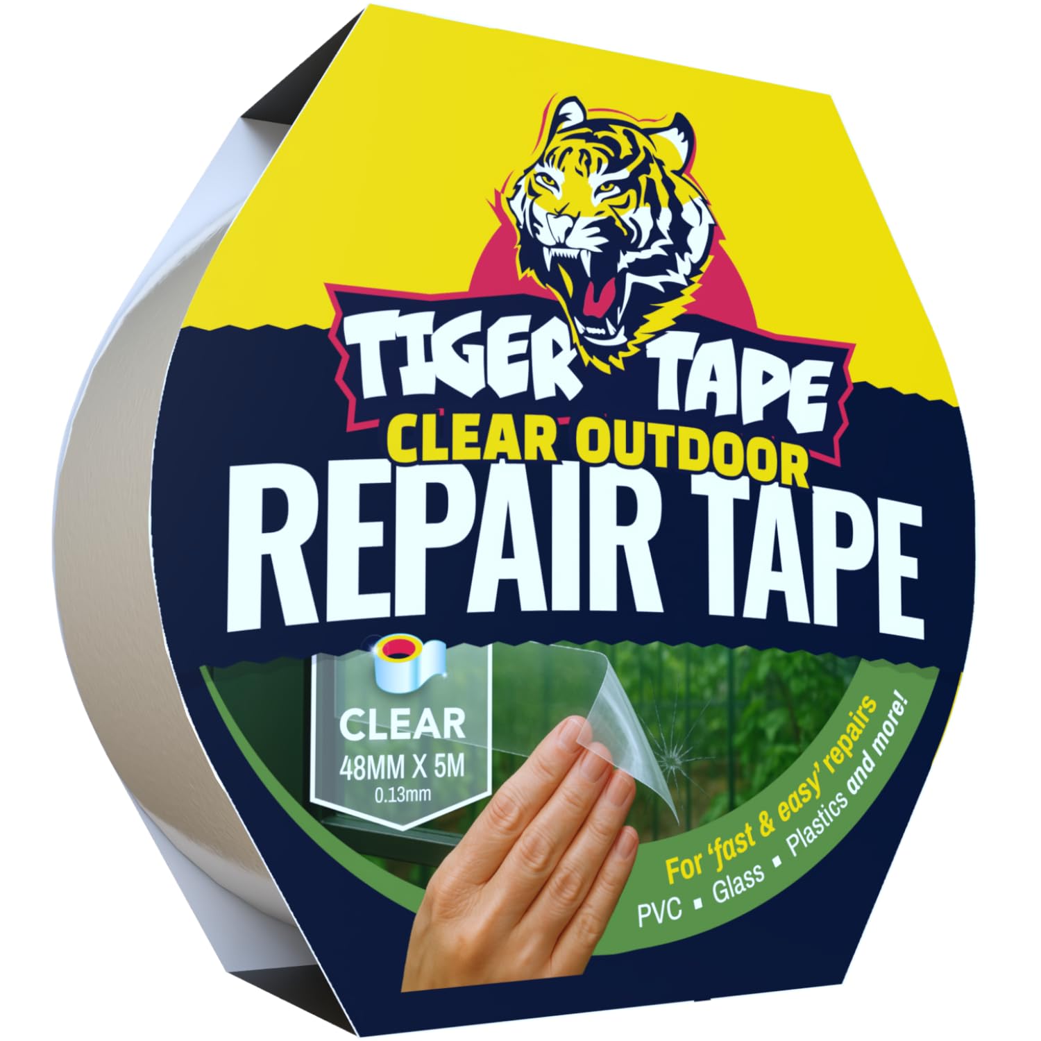 Tiger Tape® Waterproof Outdoor Clear Repair Tape. A Clear Duct Tape for repairs on transparent plastic materials and temporary repairs on cracked glass. 48mm x 5m