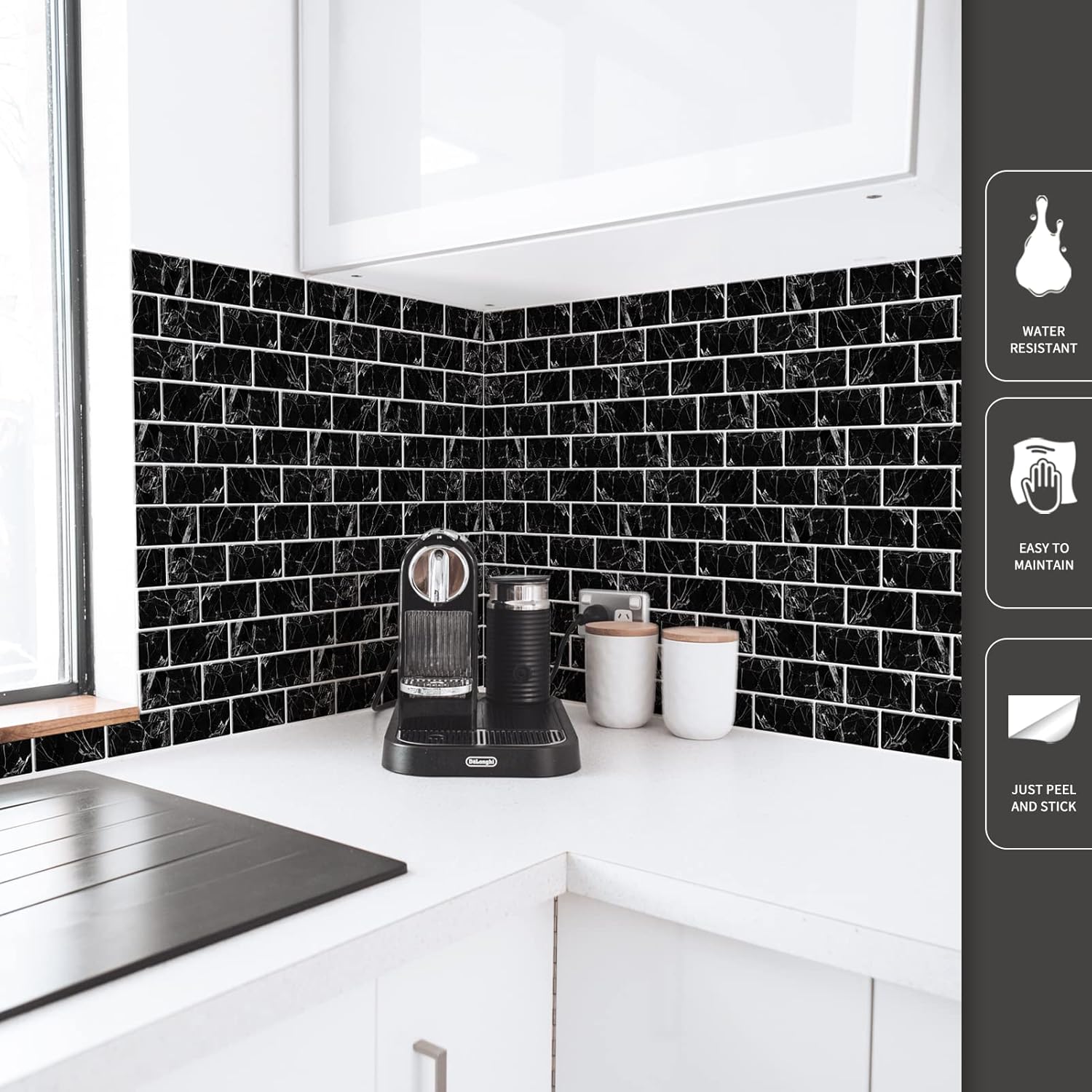Black Marble Peel and Stick Rectangular Backsplash Tiles