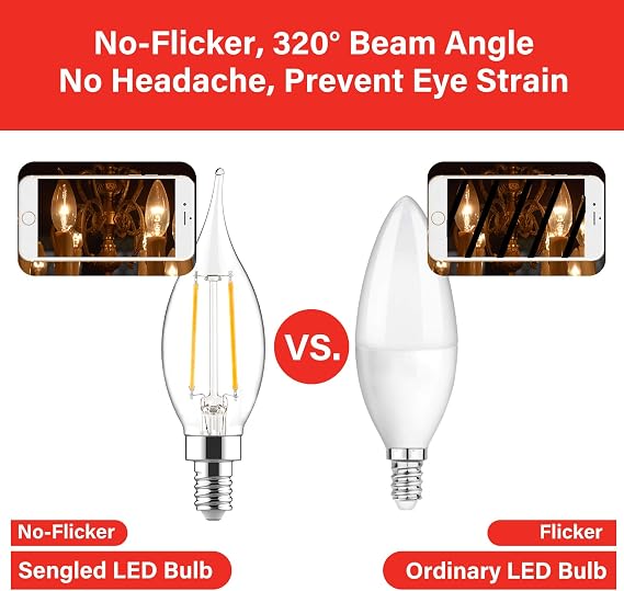 E12 Candelabra LED Light Bulbs 60 Watt Equivalent, CA10 Flame Tip Candle Light Bulbs Dimmable, 2700K Soft White, E12 LED Bulb Clear Glass, for Chandeliers, Ceiling Fan, Pendant, 24 Pack
