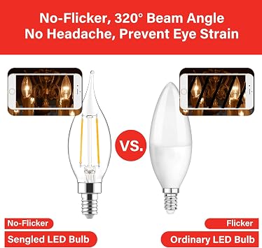 E12 Candelabra LED Light Bulbs 60 Watt Equivalent, CA10 Flame Tip Candle Light Bulbs Dimmable, 2700K Soft White, E12 LED Bulb Clear Glass, for Chandeliers, Ceiling Fan, Pendant, 24 Pack