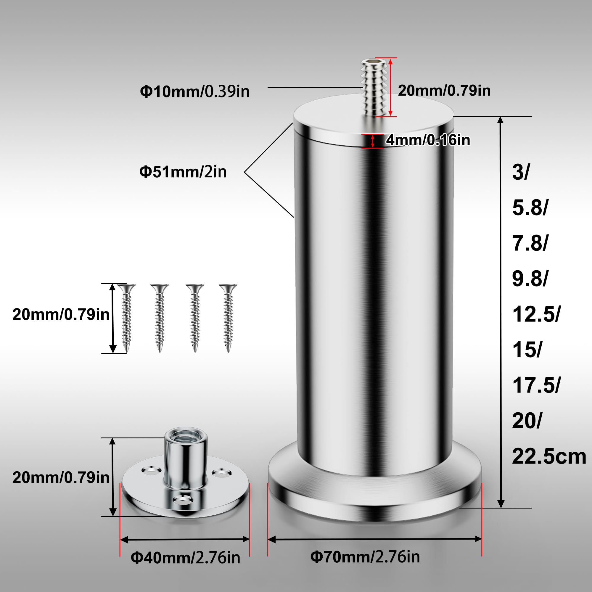 Set di 4 gambe per mobili M10, in acciaio inox, per armadio, letto, divano, tavolo, altezza regolabile, viti M10, supporto superiore a 600 kg (12,5 cm)