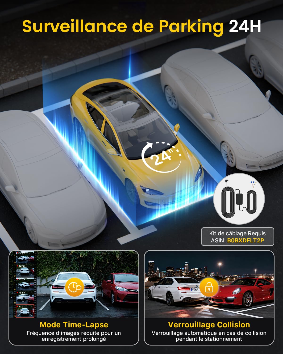 GKU 4K Dashcam Voiture Avant Arrière,5GHz WiFi Caméra Embarquée Voiture avec Carte SD 64G,Camera Voiture Grand Angle 170°,Vision Nocturne,WDR,G-Capteur,Mode Stationnement 24H,Enregistrement en Boucle