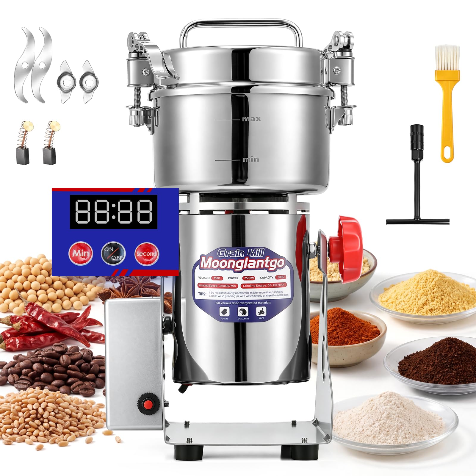Moongiantgo Getreidemühle Elektrische 800g 2500W aus Edelstahl