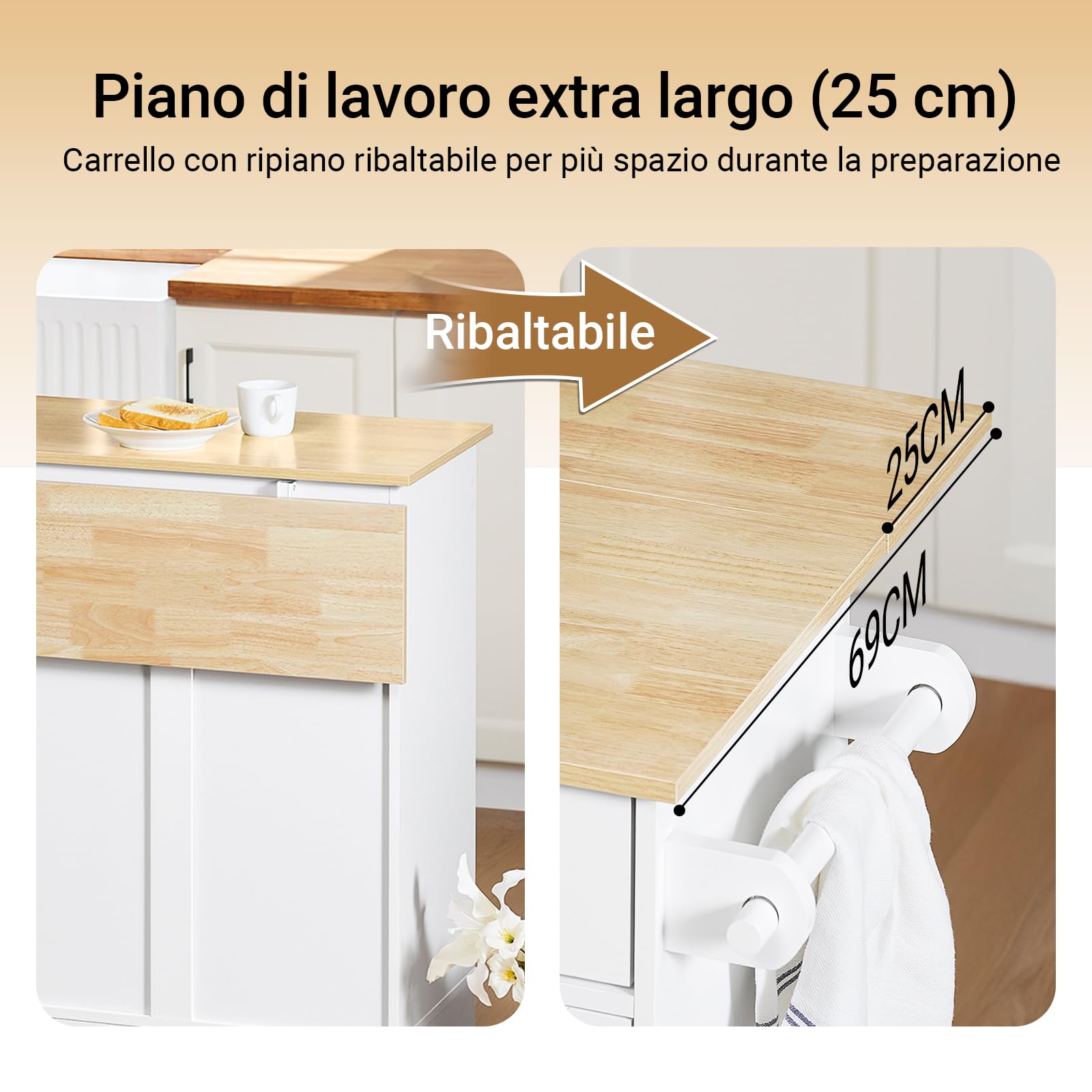 SoBuy Isola Cucina con Ruote, Tavolo Estensibile in Legno, Mobile Cucina con 2 Cassetti, Penisola Cucina Salvaspazio, Credenza Multifunzione per Piccole Cucine Bianco 113 x (44–69) x 91 cm FKW129-WN