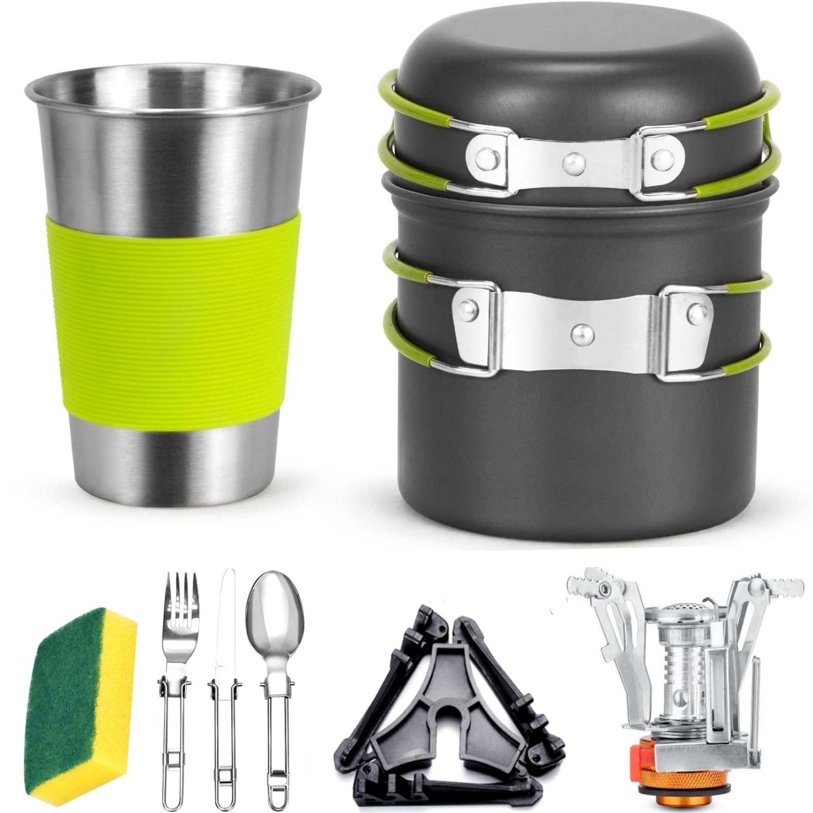 Camping Cookware Backpacking Stove Canister Stand Tripod and Stainless Steel Camping Cup,Fork Spoon Kit for Hiking and Picnic,Camping Cooking,Backpacking Gear,Mess kit(TYPE-S)