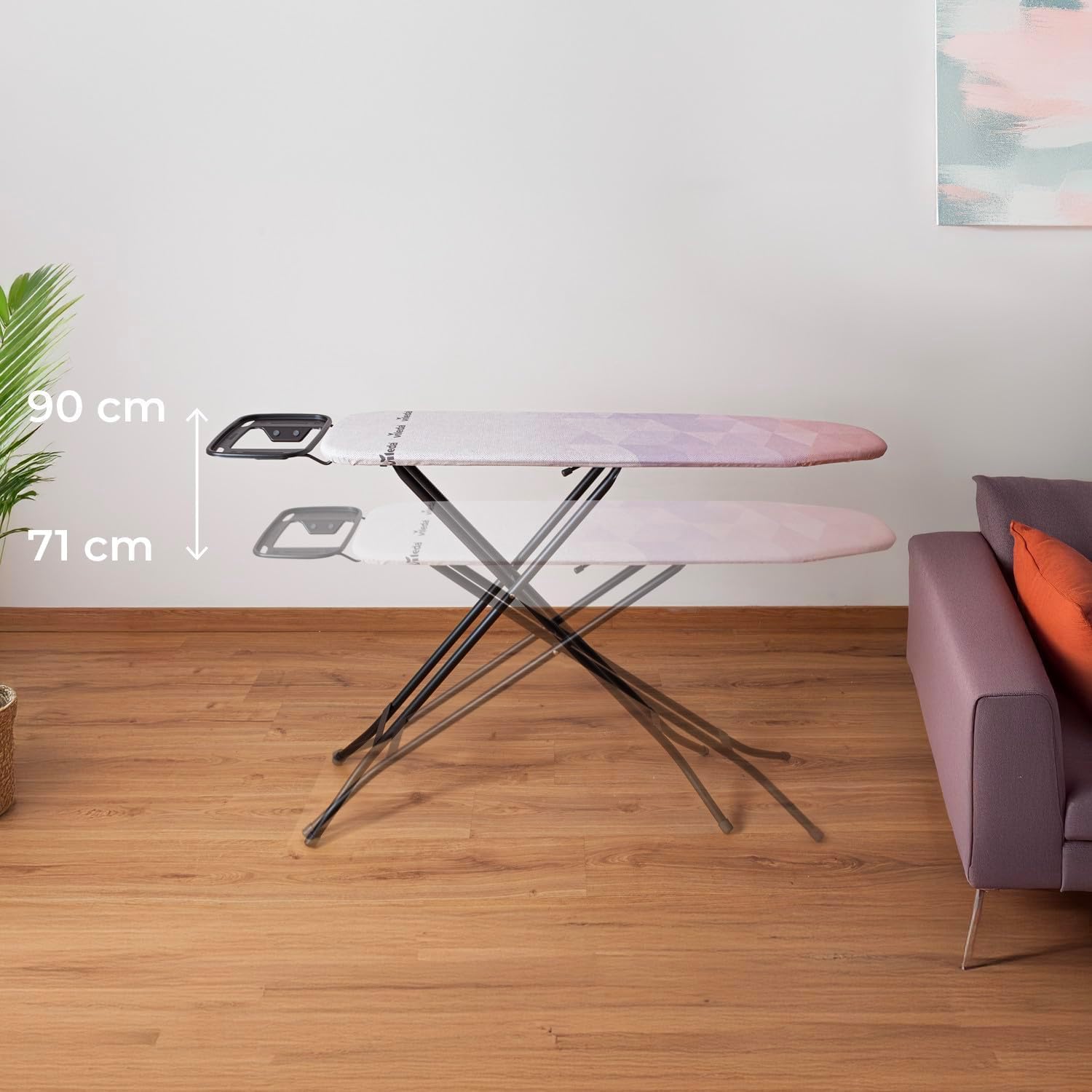 Vileda Diamond S Petite Table à Repasser – Hauteur réglable jusqu'à 91 cm – Pliable – Plus Longue – Compact et léger – 114 x 33 cm