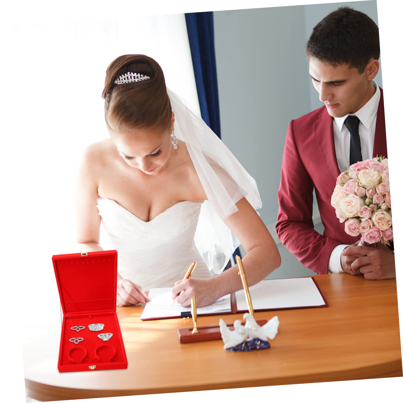 FRCOLOR Caja para Joyas de Madera y Seda Satén, Estuche Decorativo Rojo para Pulseras y Collares, Protección contra Polvo y Huellas, Adecuado para Boda