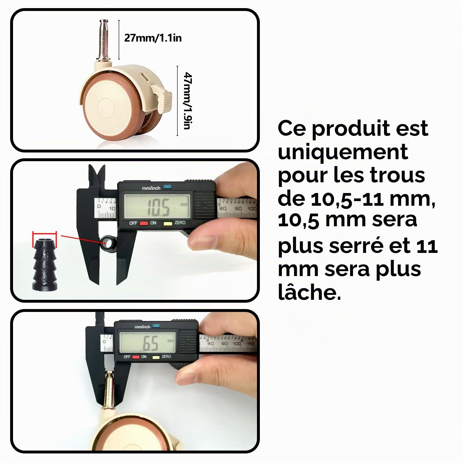 ZoeTekway Jeu de 4 roulettes pivotantes pour meubles d'enfants avec manchon de 10,5 mm, roulettes silencieuses en caoutchouc avec frein, pour petits lits bébé, berceaux
