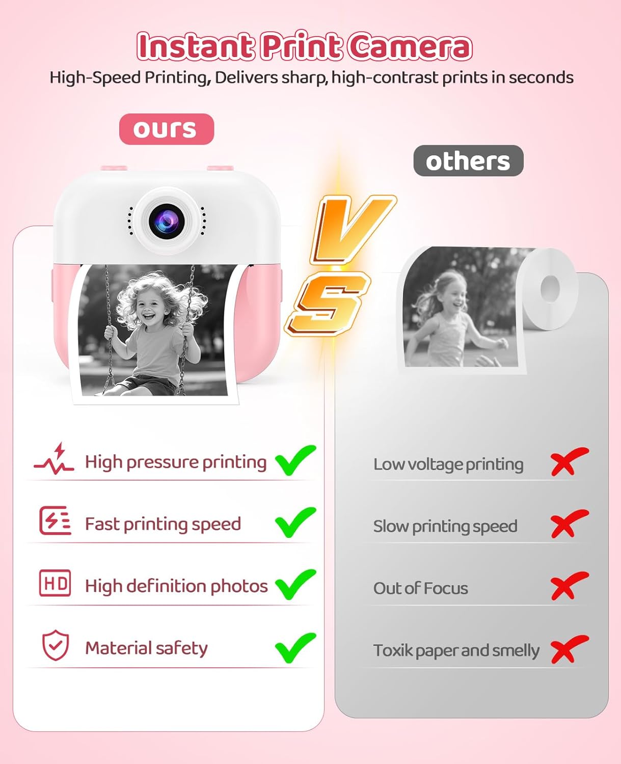 Instant Print Front Rear Dual Selfie Kids Camera for Kids Christmas Birthday Gifts for Girls Age 3-12 Portable Toys for 3 4 5 6 7 8 9 10 Year Old Girl with 32GB SD Card Digital Camera - Image 3